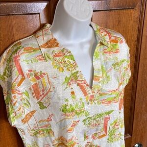 Cynthia Rowley women's tropical print 100% linen cap sleeve blouse Size Large